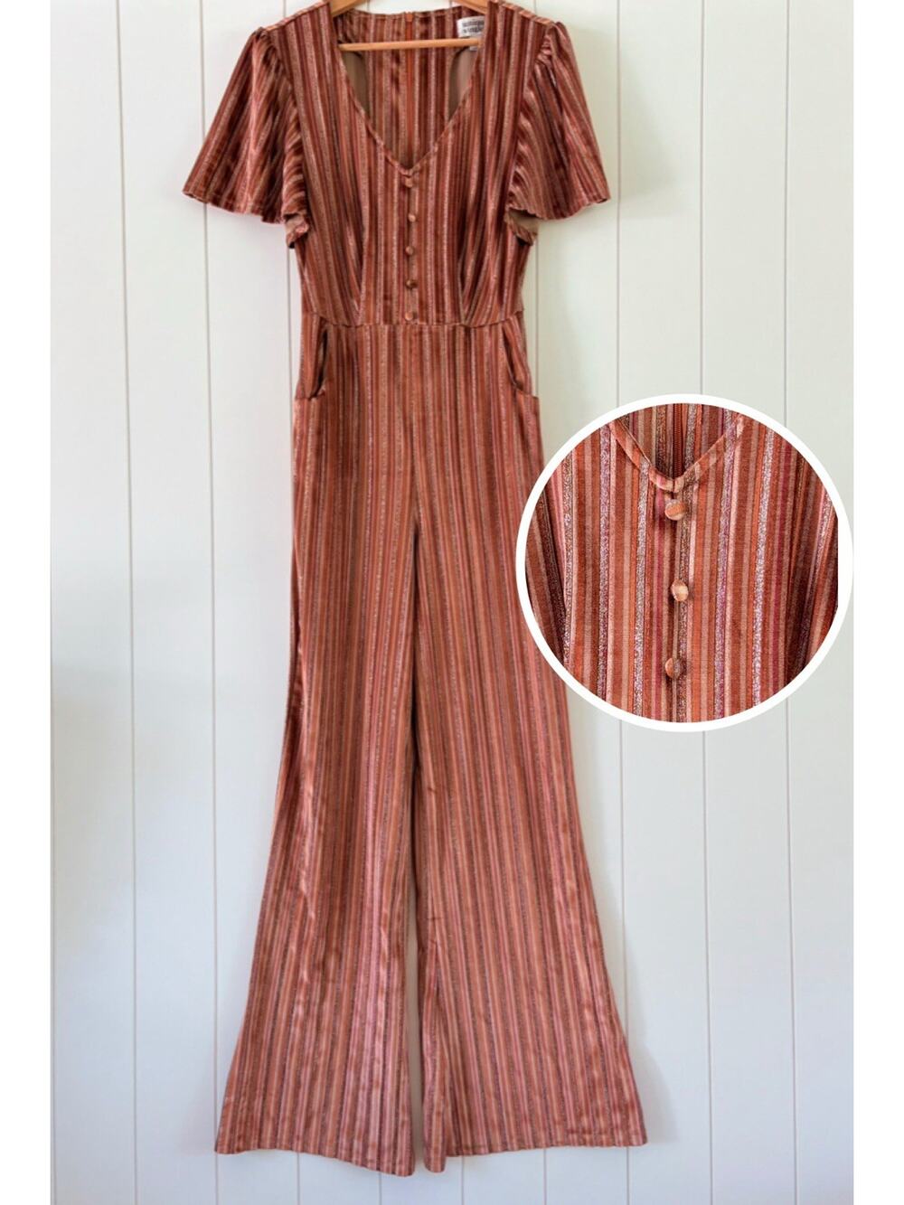 Unique Vintage Bell Bottom Jumpsuit Metallic Stripe V-Neck Retro Disco S / 4